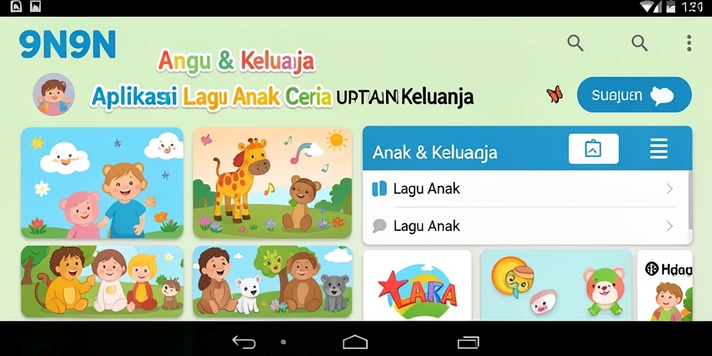Antarmuka aplikasi 9N9N menampilkan lagu anak yang ceria dan interaktif.